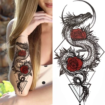 3D Črni Cvet Začasne Tetovaže Za Ženske Rose Peony Lotus Tattoo Nalepke Ponaredek Nakit Verige Geometrijske Trikotnik Tattoo Nalepke