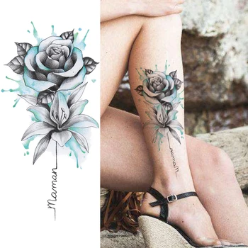 Akvarel Cvet Začasne Tetovaže Nalepke Realne Ponaredek Rose Nepremočljiva Tatoo Za Ženske Dekle Body Art Risanje Noge Roko Tattoo