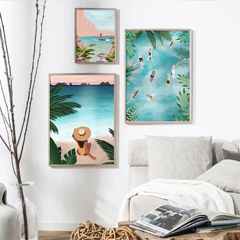 Bazen Surf Dekle Slike Maroški Tropski Džungli Plakat in Tiskanje Potnih Wall Art Plaži Platno za Slikarstvo Dnevna Soba Dekor