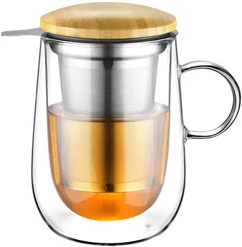 Glastal 430 ml Dvojno steno Steklene Čajne Skodelice s Kovinsko Cedilo Čaj Tea Cup, Toplotno Odporno Steklo Borosilicate Stekleni Vrč