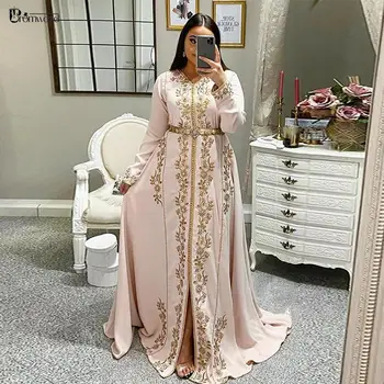 Haljo Caftan Marocaine Večerne Obleke z Dolgimi Rokavi z Vezenje Beaded A-Line Saten Dubaj arabski Formalnih Obleke Haljo De Soirée