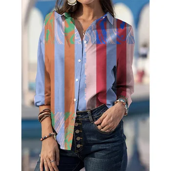 Jeseni Mode Elegantna Urad Dama Gumb All-tekmo Priložnostne Šifon Bluze Gradient Tiskane Majice z Dolgimi Rokavi Ženske Oblačila