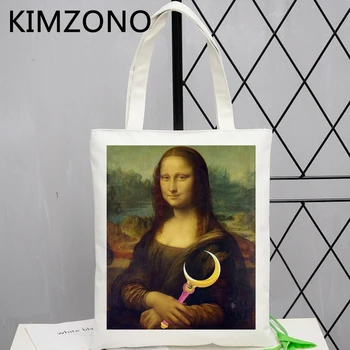 Mona Lisa nakupovalno vrečo iz jute vrečko bolsas de tela varovanec bombaž tote torbico vrečko bolsa compra tkanine reciclaje sacolas