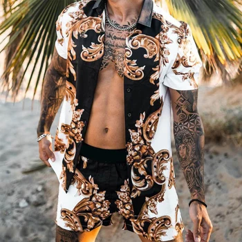 Moški Hawaiian Določa Tiskanje Poletje NOVO Kratek Rokav Gumb Majica Beach Kratke hlace moški Ulične oblačila Mens Priložnostne Obleko, 2 Kosa