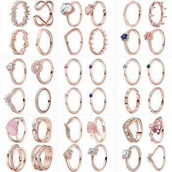 Nov Slog, Dame Rose Gold Ring Beli Cvet Srce Oblika Izvirne Pandora DIY Zapestnica 925 Sterling Srebro Čar Luksuzni Darilo