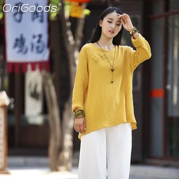 OriGoods Kitajski Slog Žensk Bluzo Bombaž Bela Long Sleeve Vintage Bluze Nacionalni Slog Izvirno Majico Vrhovi B144