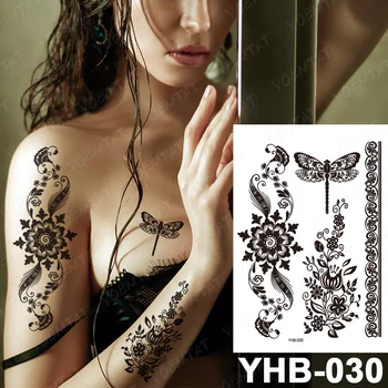 Črno Bel Indijski Nevesta Henna Mandala Začasno nepremočljiva Tattoo Nalepke Lotus Mehndi Čipke Zapestnica Ponaredek Body Art Za Ženske